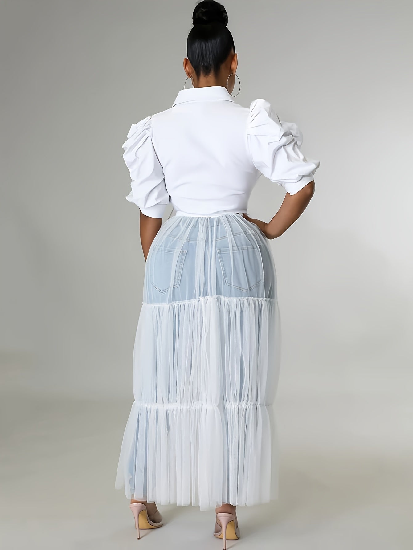 [Sexy Mesh Dress] Sexy Short Sleeve Mesh Dress, Women's Shirt Top Stitching Turn Down Collar Tie Waist Dress