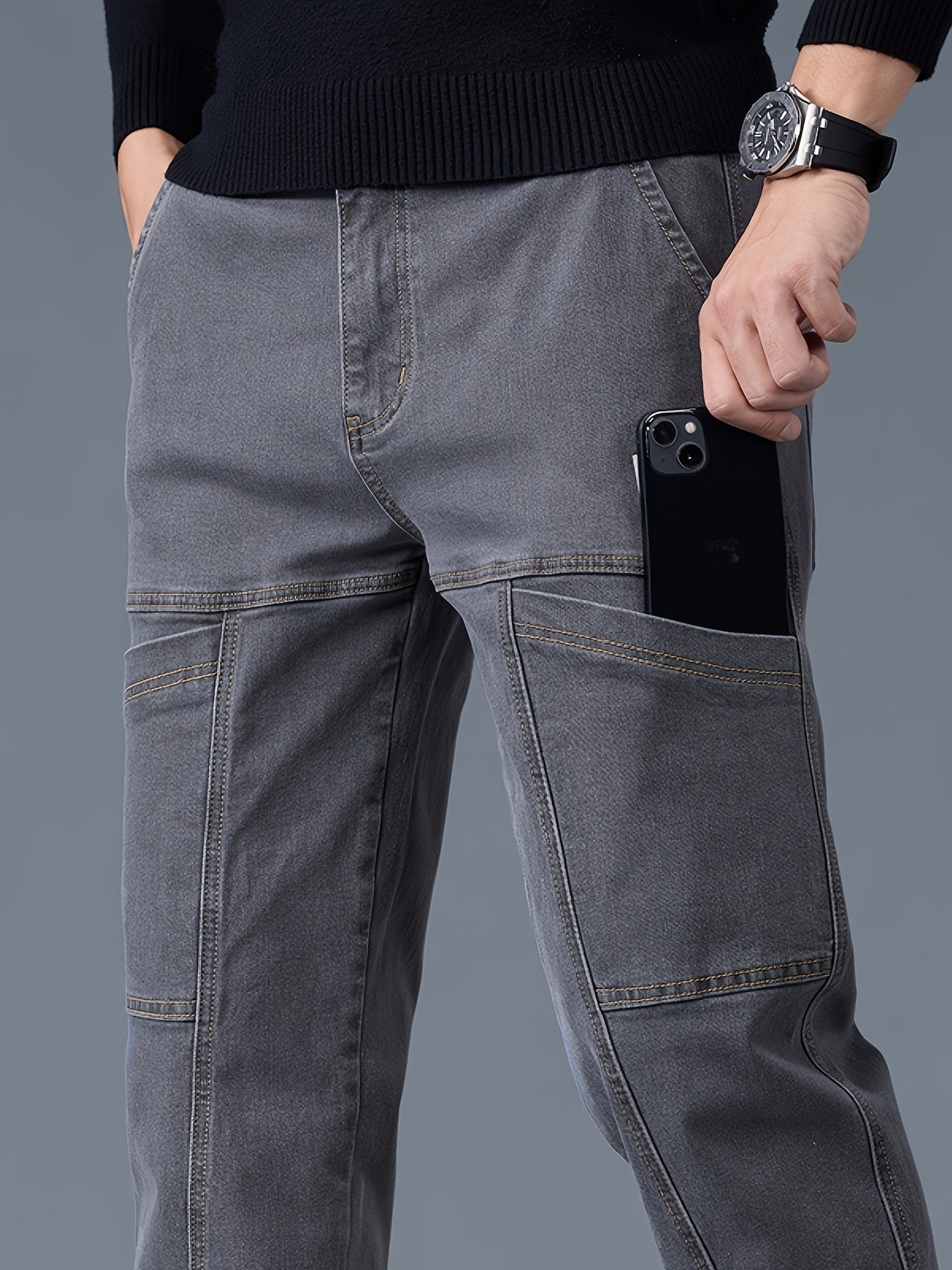 Men'S Small Straight Tube Style Fashionable Printed Six Pocket Design Micro Elastic Denim Pants