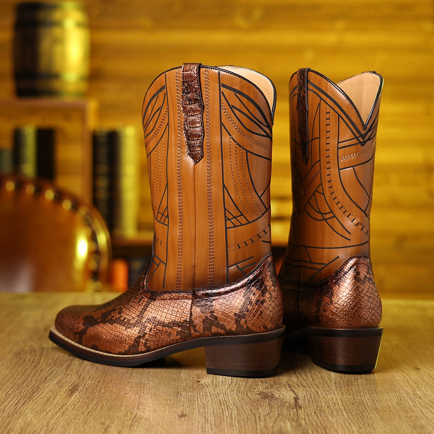 Men's Western Cowboy Boots with Imitation Snake Pattern & Wooden Heel Sole - Slip-Resistant High Heel, Pointed Toe Long Boots for Men & Women, Rustic Brown Booties for Casual & Semi-Formal Outfits