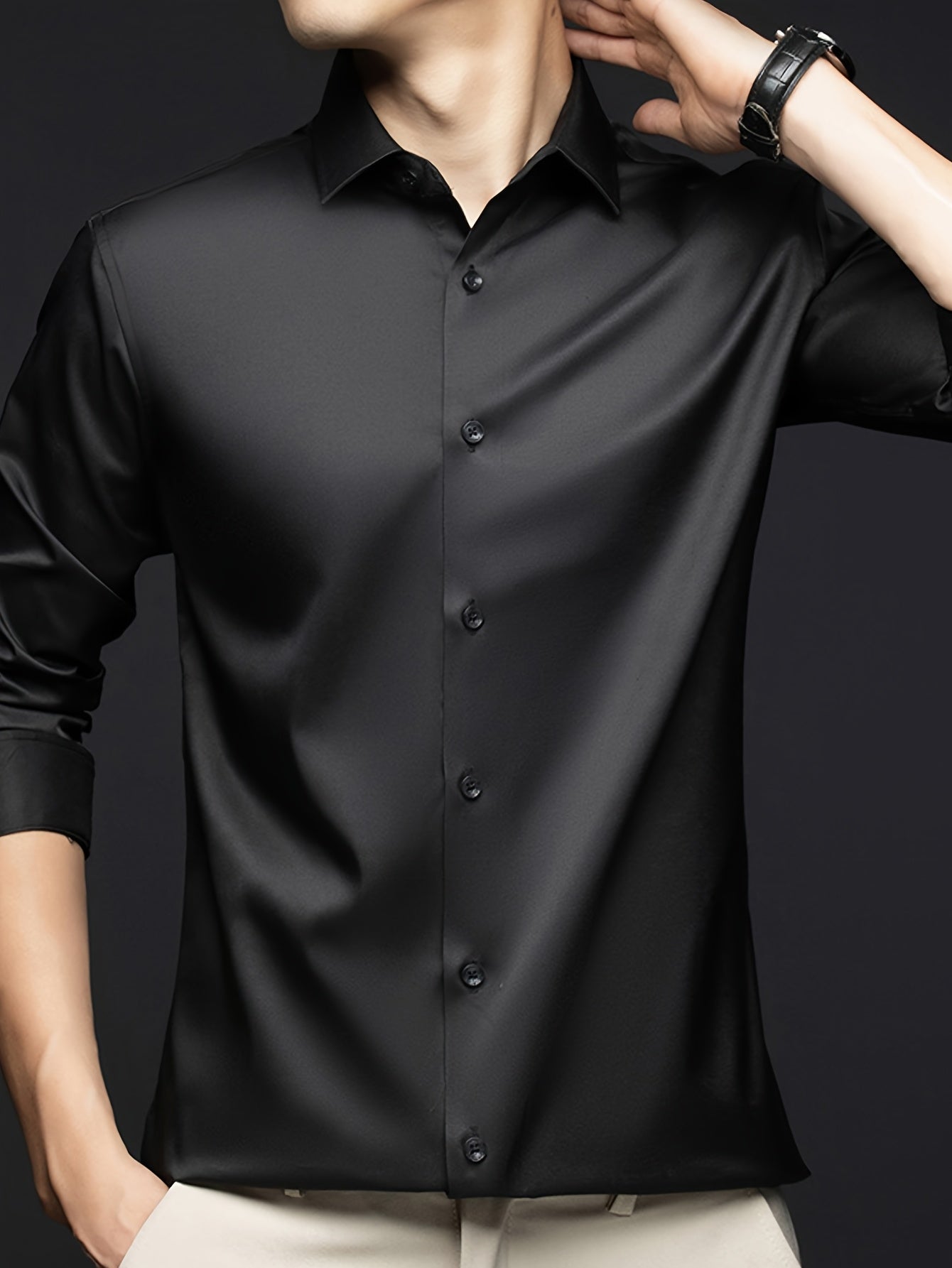Men's Wrinkle-Resistant Lightweight Long Sleeve Dress Shirt - Solid Color Button-Up with Chest Pockets, Non-Stretch Fabric, Classic Collar Design for Casual & Formal Wear, Spring/Fall Essential, Durable & Easy Care, Autumn Ap