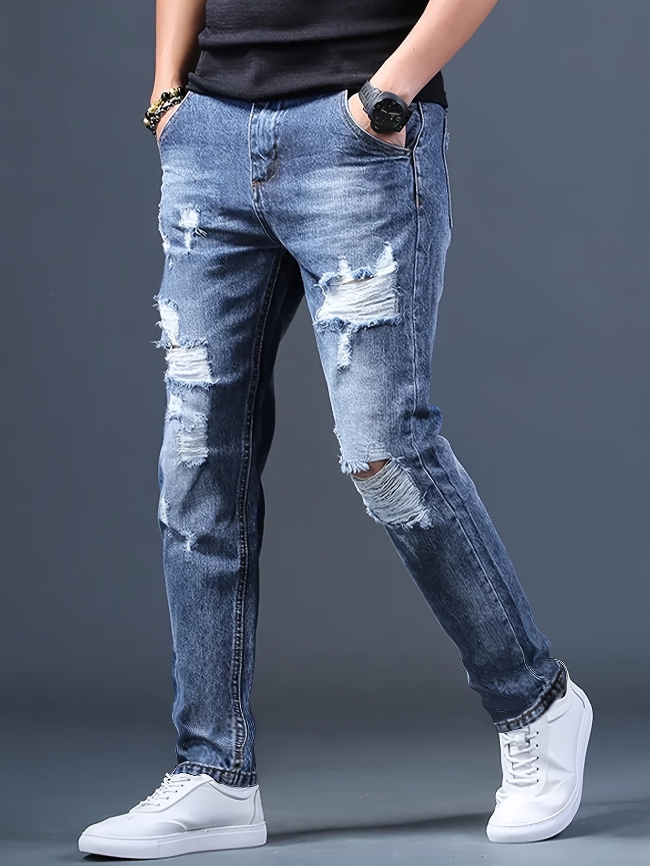 Men's Jeans Straight-leg, Non-stretch Ripped Men's Trousers Style Bicycle Street Chic Blue Frayed Jeans Suitable for All Seasons