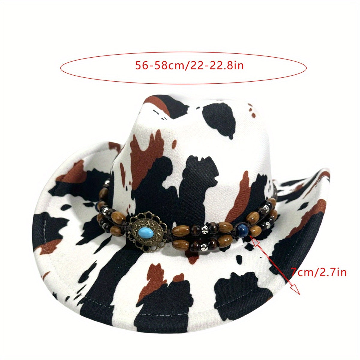 Cow Print Cowgirl Hat for Women & Men - Wide Brim Beaded Belt Western Cap with Black & White Cow Pattern, Brown & White Accents, Perfect for Parties, Beach, and Outdoor Events, Cowboy Hat, Party Accessory, Stylish Headwear