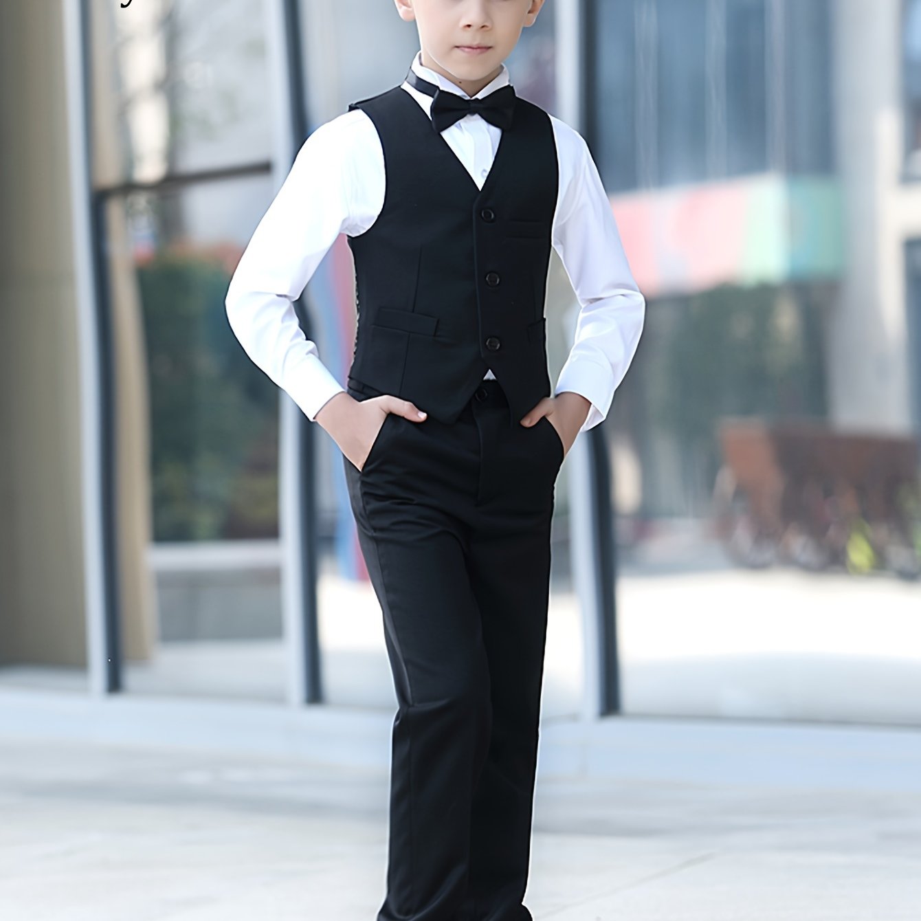 Furuyal Boys' 4pcs Formal Suit Set Vest Pants Collared Dress Shirt And Tie Boys' Suit Size 6-16Y Boys Suits Suitable For Music Festival Graduation Season Party