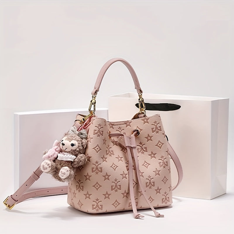 2025 New Large Capacity Purple Bucket Bag for Women - Elegant Geometric Pattern, with Embossed Detailing, Adjustable Shoulder Strap & Golden-Tone Hardware, Durable Polyester Lining, Stylish Everyday Handbag, Sophisticated Acc