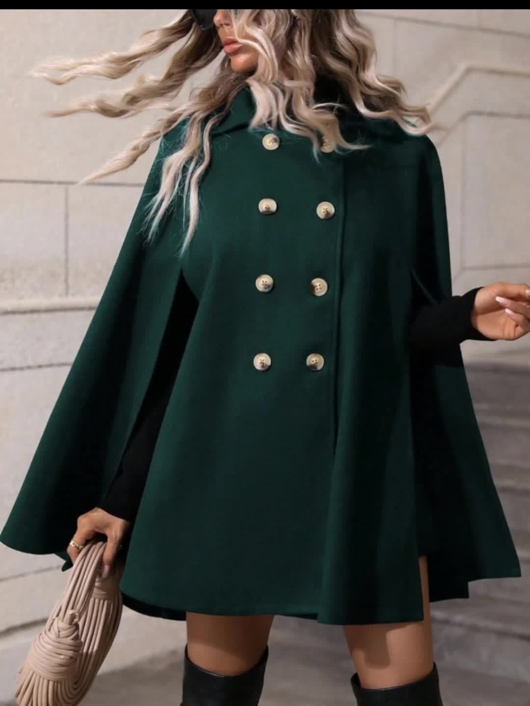 's Dark Green Double Breasted Cape Coat - Vintage Elegant Collar Winter Coat with Golden-Tone Buttons, Single-Breasted Outer Layer & Inner Wear Potential, Hand Washable Non-Stretch Jacket for Autumn/Winter (Office, Parties, C
