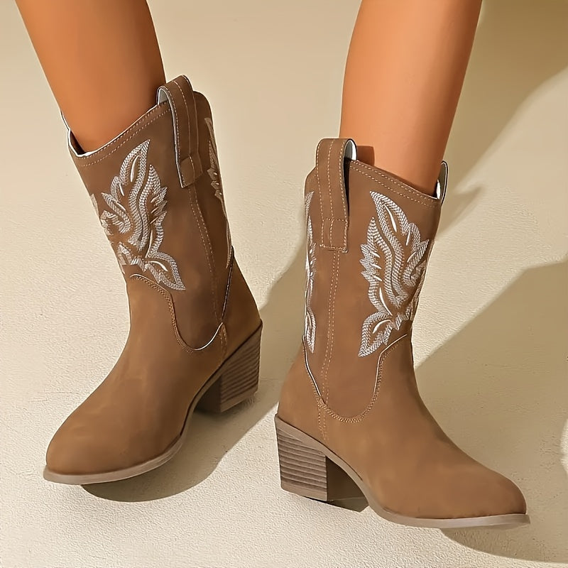 MagiMoBo Women's Western Slip-On Mid-Calf Boots - Pointed Toe Chunky Heel with Floral Embroidery, Synthetic Cover & Rubber Sole, All-Season Casual Boots for Jeans & Dresses, Stylish Footwear, Embellished Footwear, Detailed Em