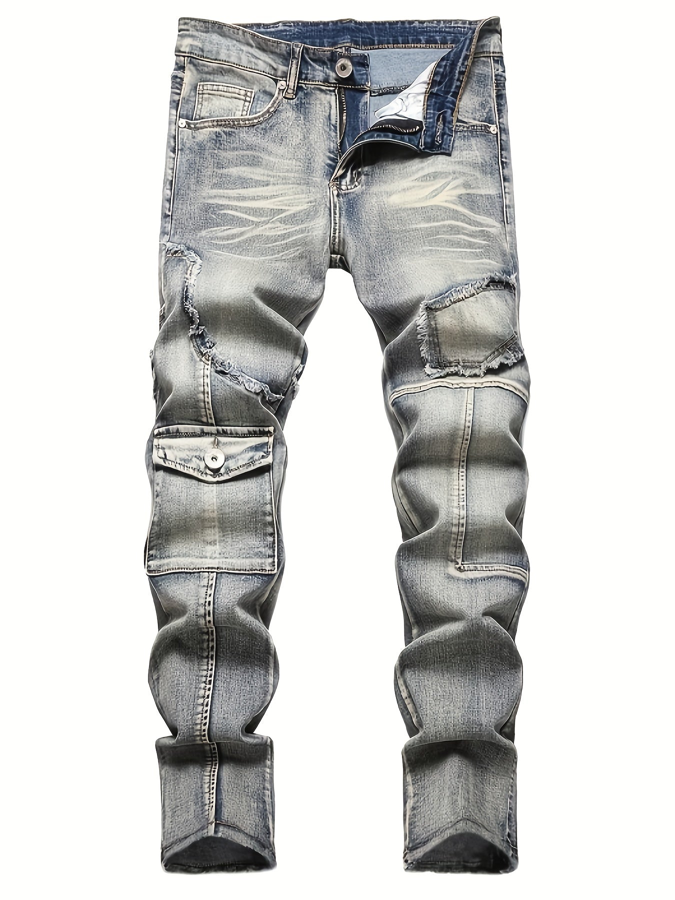 Men'S Mid-waist Vintage Washed Process Frayed Elastic Denim Skinny Jeans