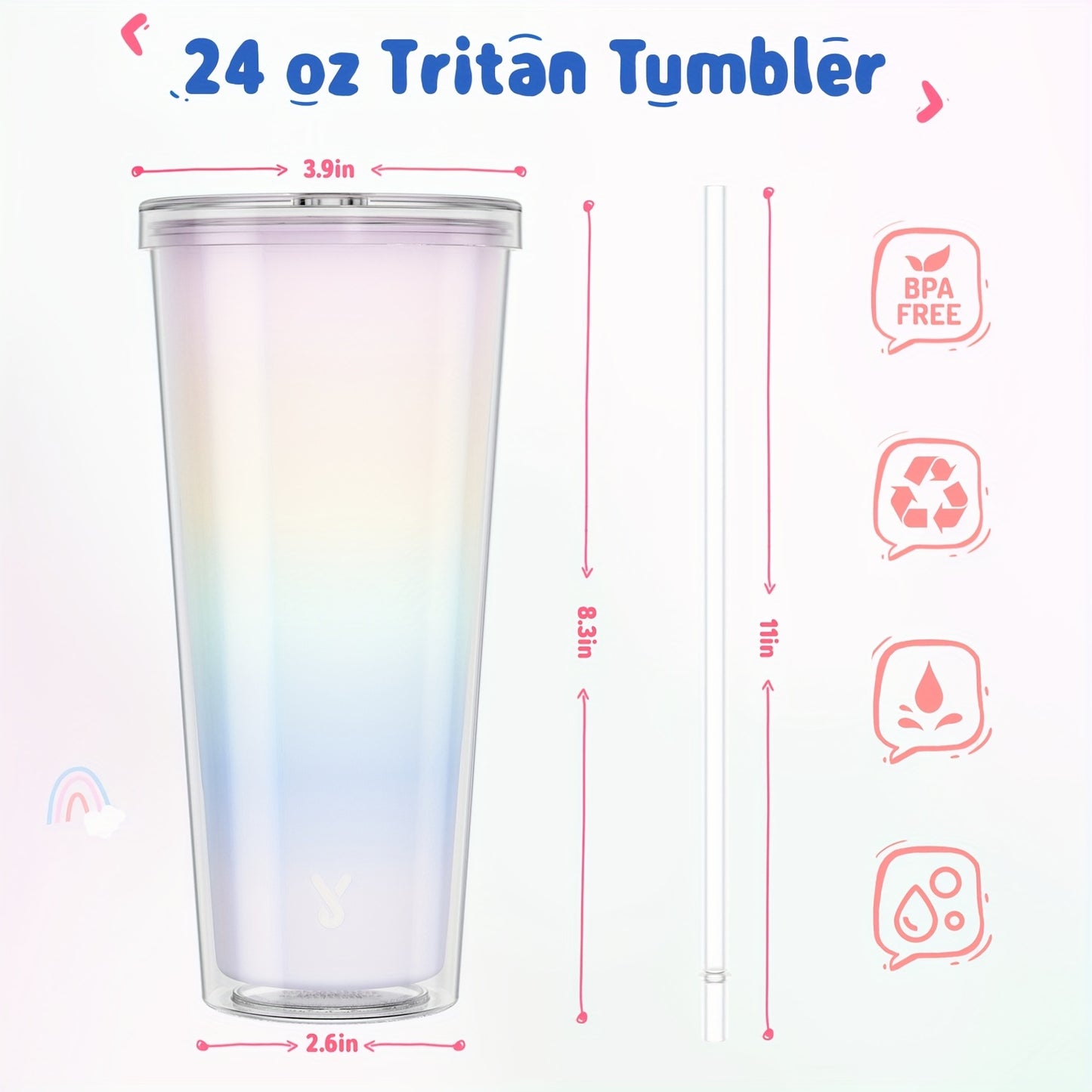 Meoky 24oz Double Wall Rainbow Color Changing Cup with Lid & Straw - BPA-Free, Lightweight, Reusable Plastic Tumbler for Iced Coffee, Parties, Pool Days - Add Cold Liquid Below 67°F to Reveal Magical Rainbow Colors