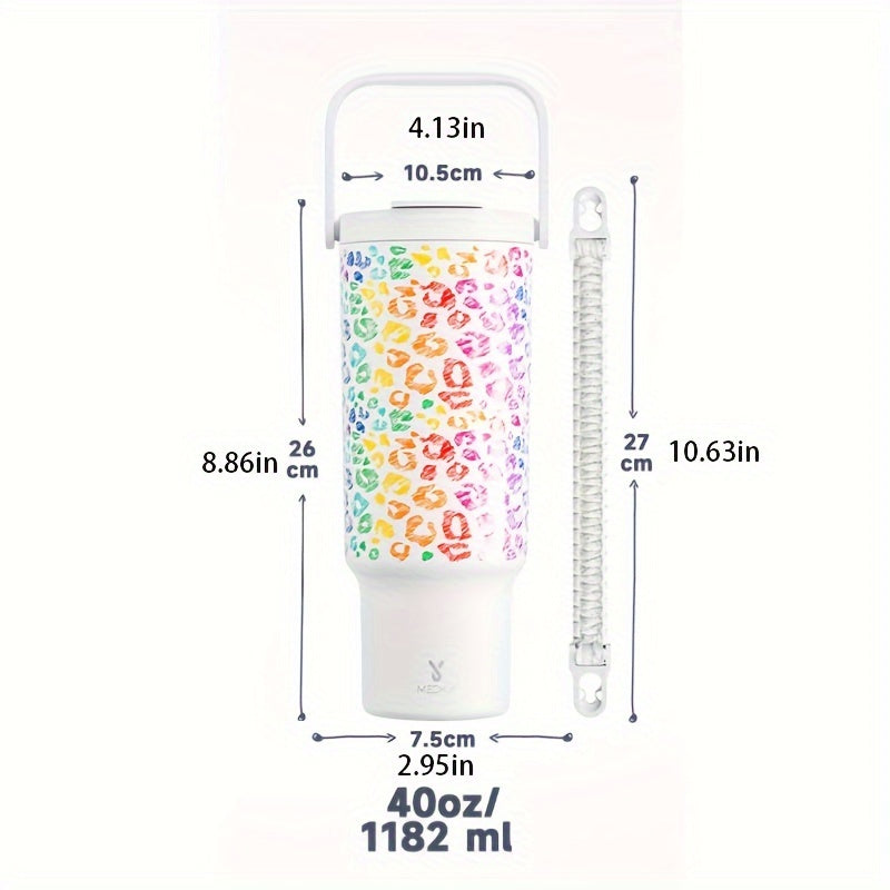 1pc 40oz Insulated Stainless Steel Tumbler With Handle - Leak-Proof, Keeps Cold For 24 Hours, Fits Car Cup Holder - Reusable, Round, Multipurpose Travel Mug With Lid And Straw