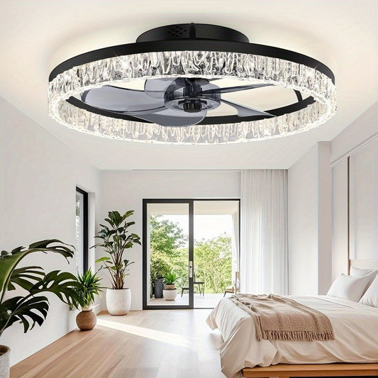 20'' Modern Flush Mount Ceiling Fan with Remote Control - 6-Speed Quiet Bladeless Operation, Dimmable LED Light with Remote, 3000K-6500K Color Temperature, Black/Modern Design, Energy-Efficient Low-Profile Fan for Bedroom