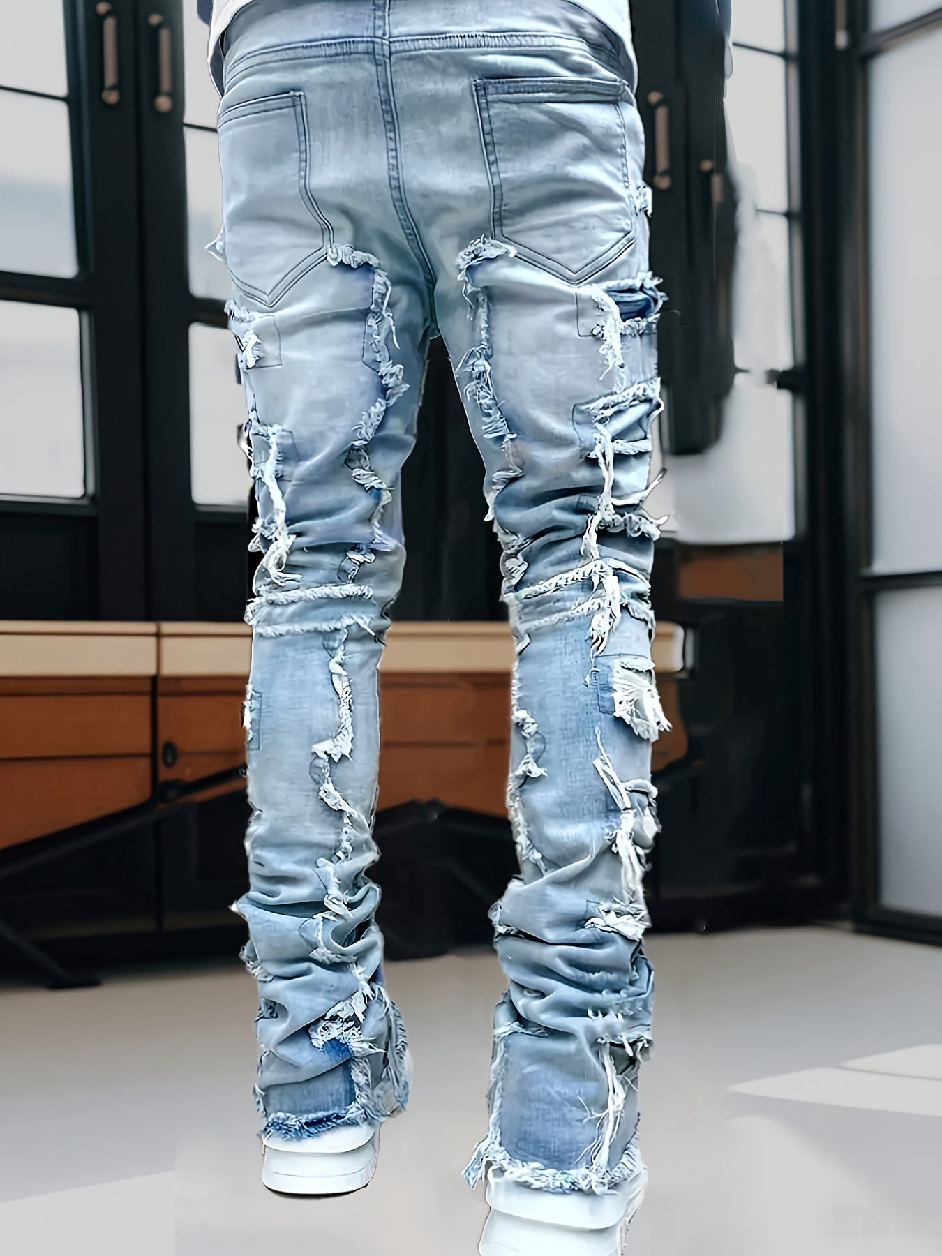 Men's Stretch Skinny Jeans - Slim-Fit Distressed Frayed Hem Pants, Mid-Rise Waist & Tapered Cuff, Non-See-Through All-Season Jeans for Everyday & Formal Outfits - Machine Washable Denim-Like Pants, Formal Outfit Jeans, Casual