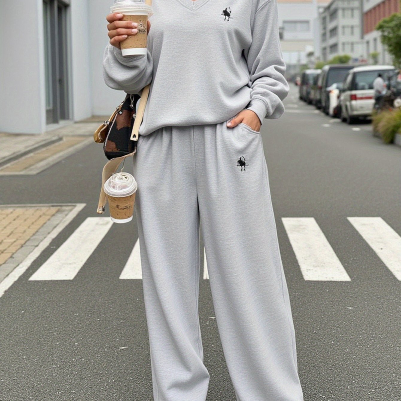 Women's Stylish Light Grey V-Neck Sweatshirt & Jogger Set - Cozy Fall & Winter Outfit with Pockets, Casual Crew Neck, Long Sleeve, Loose Fit for Casual Attire, Casual Wear|Vneck Design| Construction, Sweater Set