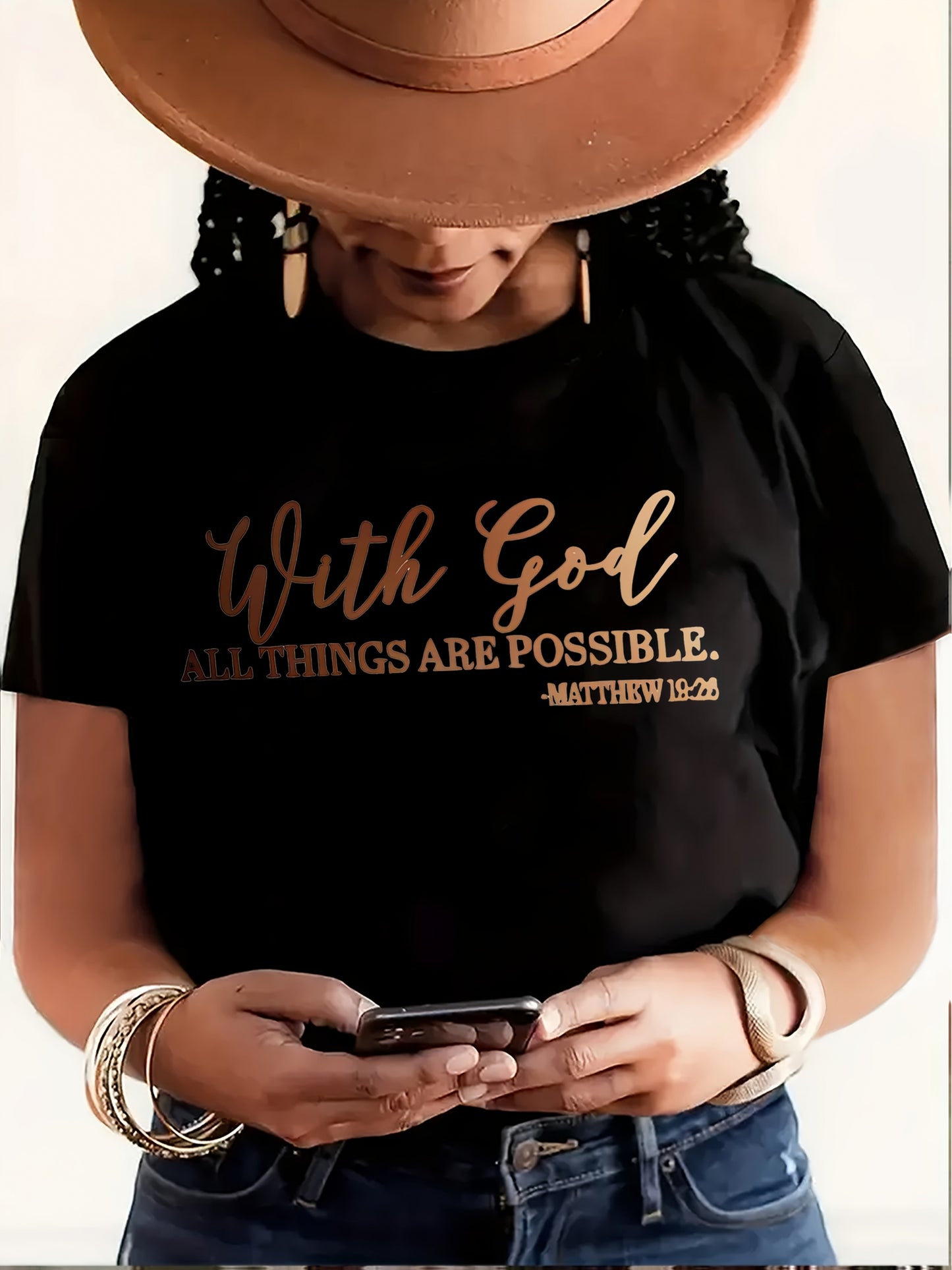 [Soft Christian Faith T-Shirt] Women's Soft Everyday Christian Faith T-Shirt | 'With God Everything is Possible' Bible Verse (Matthew 26:4) | Light Blue Casual Top for Church, Everyday Outfits | Machine Washable, Durable, Com