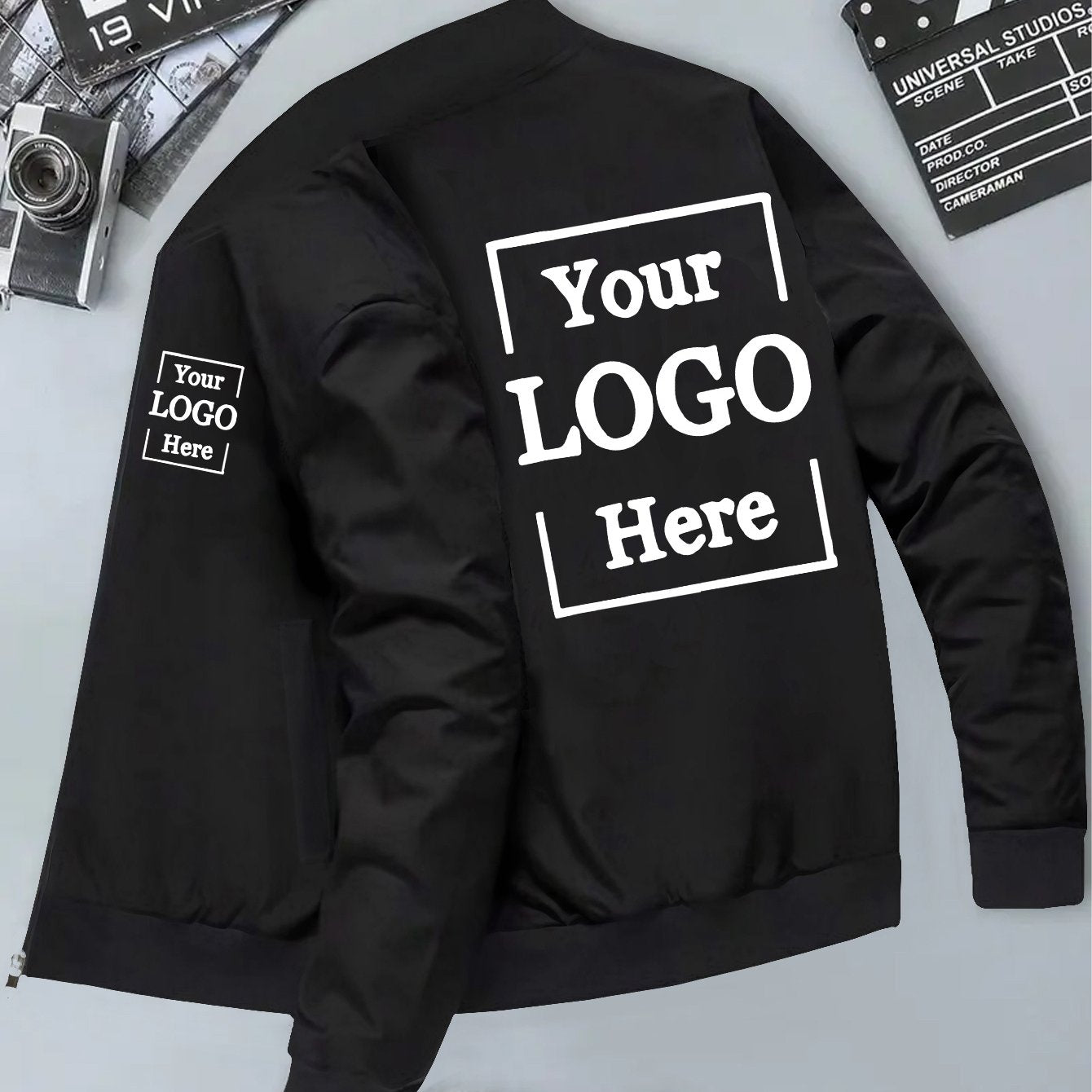 Men's Customizable Zip-Up Pilot Jacket - Personalized Logo/Text, Black with White Print, Knit Polyester Coat, Baseball Collar & Side Pockets - Winter Streetwear for Formal/Casual Events - Branding Jacket, Casual Outerwear, St