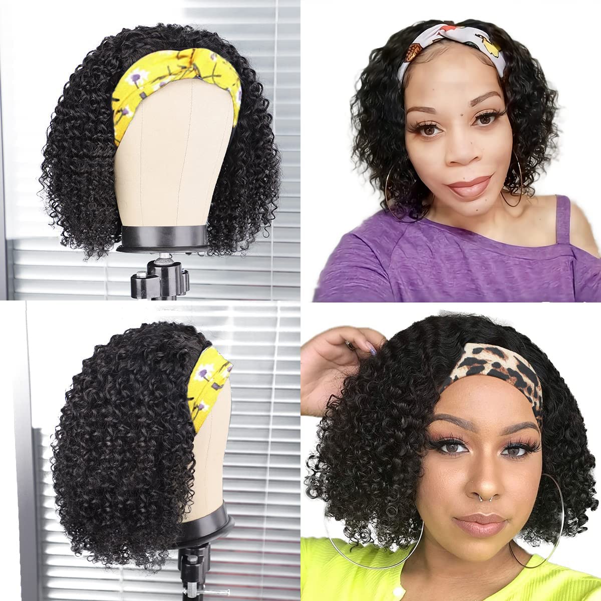 14" Jerry Curly Headband Wig - 100% Human Hair, Glueless, Natural Black, Soft & Bouncy Curls, Easy Wear & Go with Stylish Headbands, Breathable Cap, Heat Resistant, Tangle-Free for Daily Use