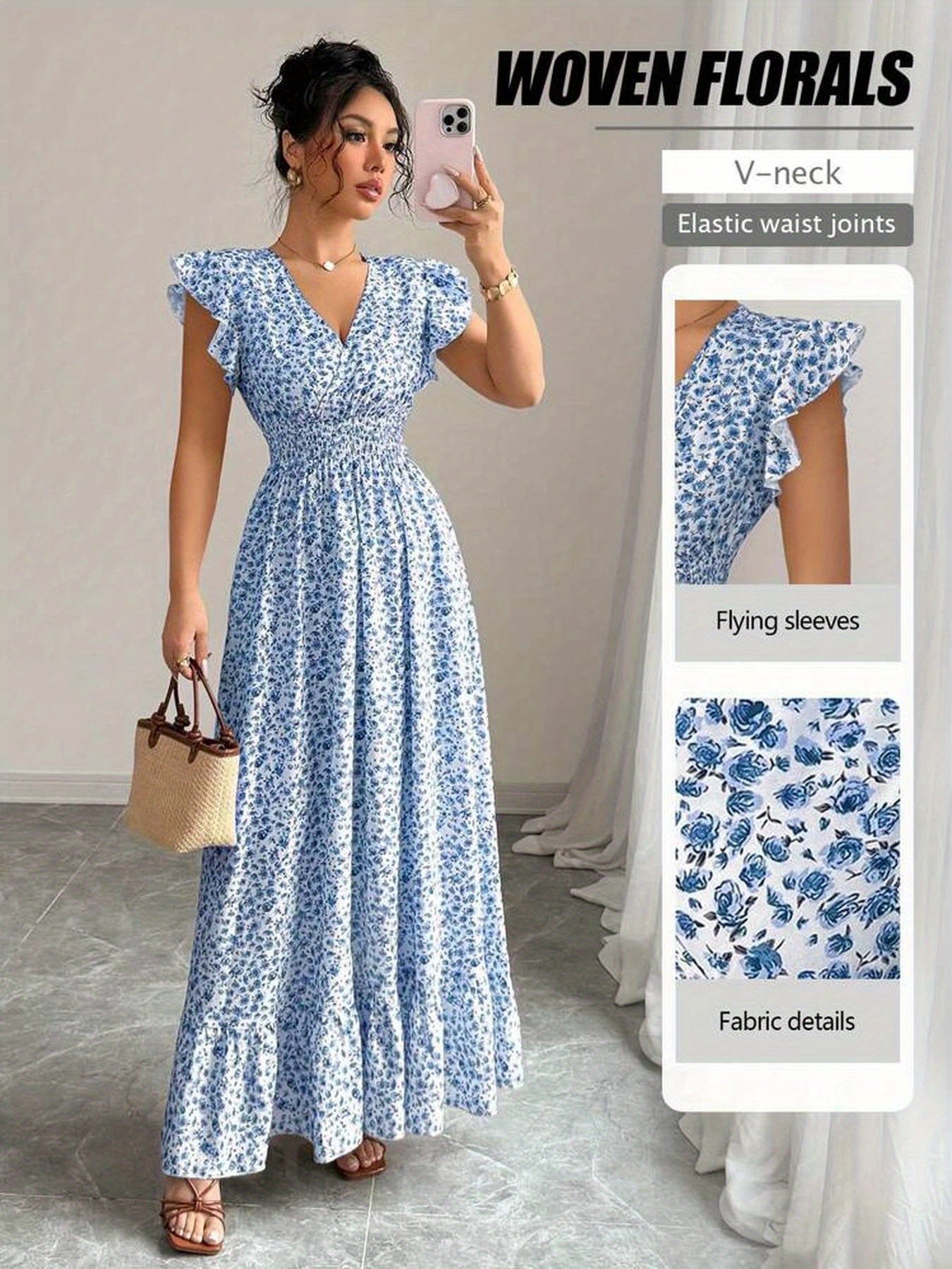 [Elegant Floral Dress] Elegant Floral Print V-Neck Dress with Ruffle Sleeves | Long Sleeveless A-Line Dress for Women - Blue, Perfect for Spring/Summer/Fall, Casual to Formal Wear