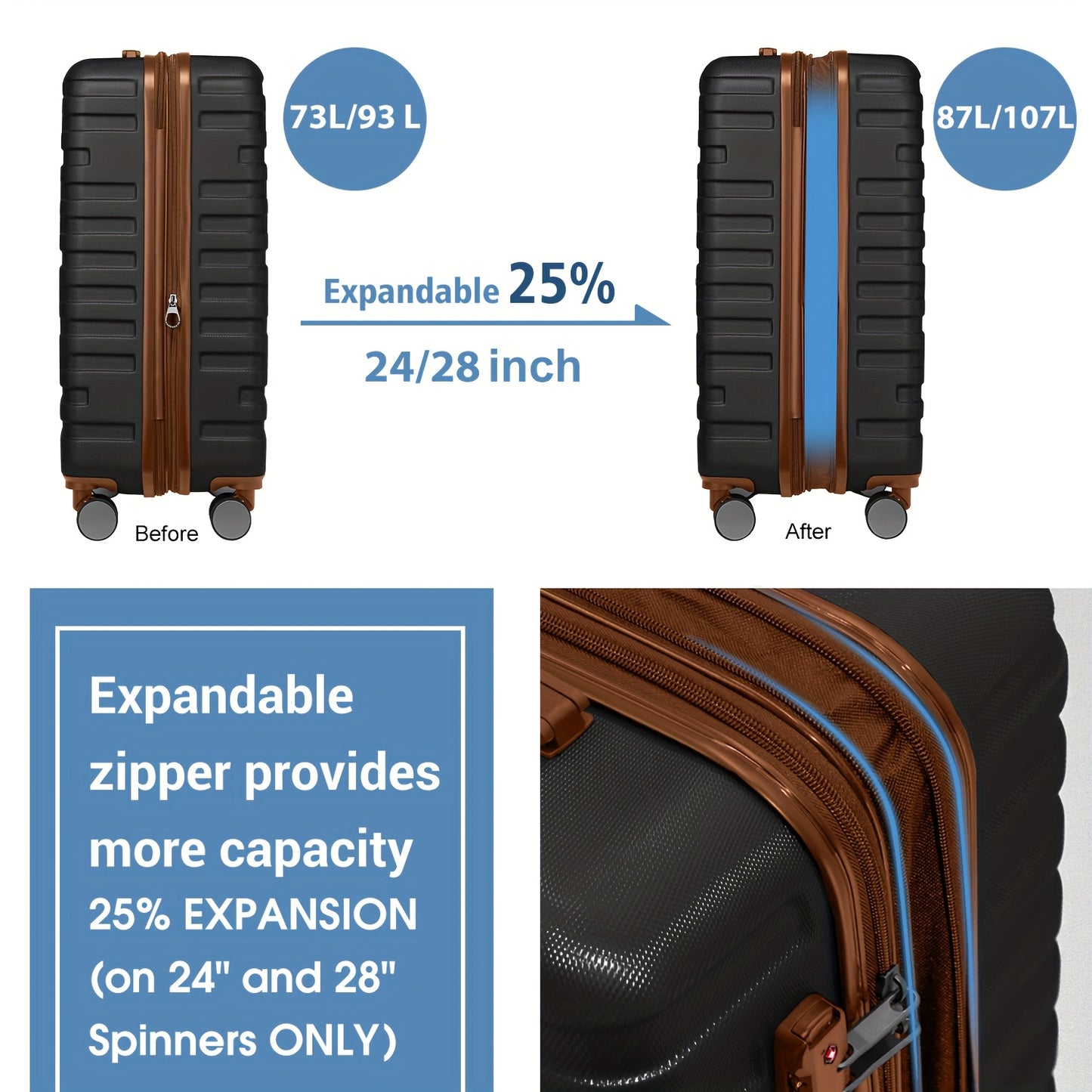 Luggage 6pcs Sets Hardside Expandable Suitcases (Only 24/28inch) with Spinner Wheels TSA Lock, Lightweight Travel Carry On Luggage Sets, ABS Large Capacity Travel Suitcase Set