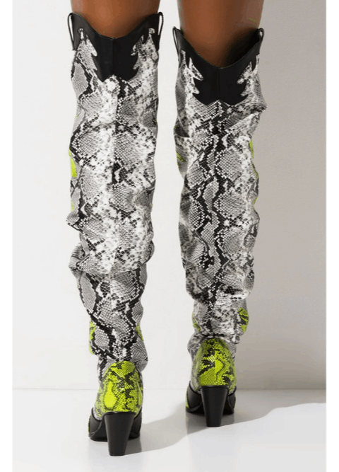 HILDA Colorful Snakeskin Over-the-Knee Boots – Chunky Low Heel Western Style