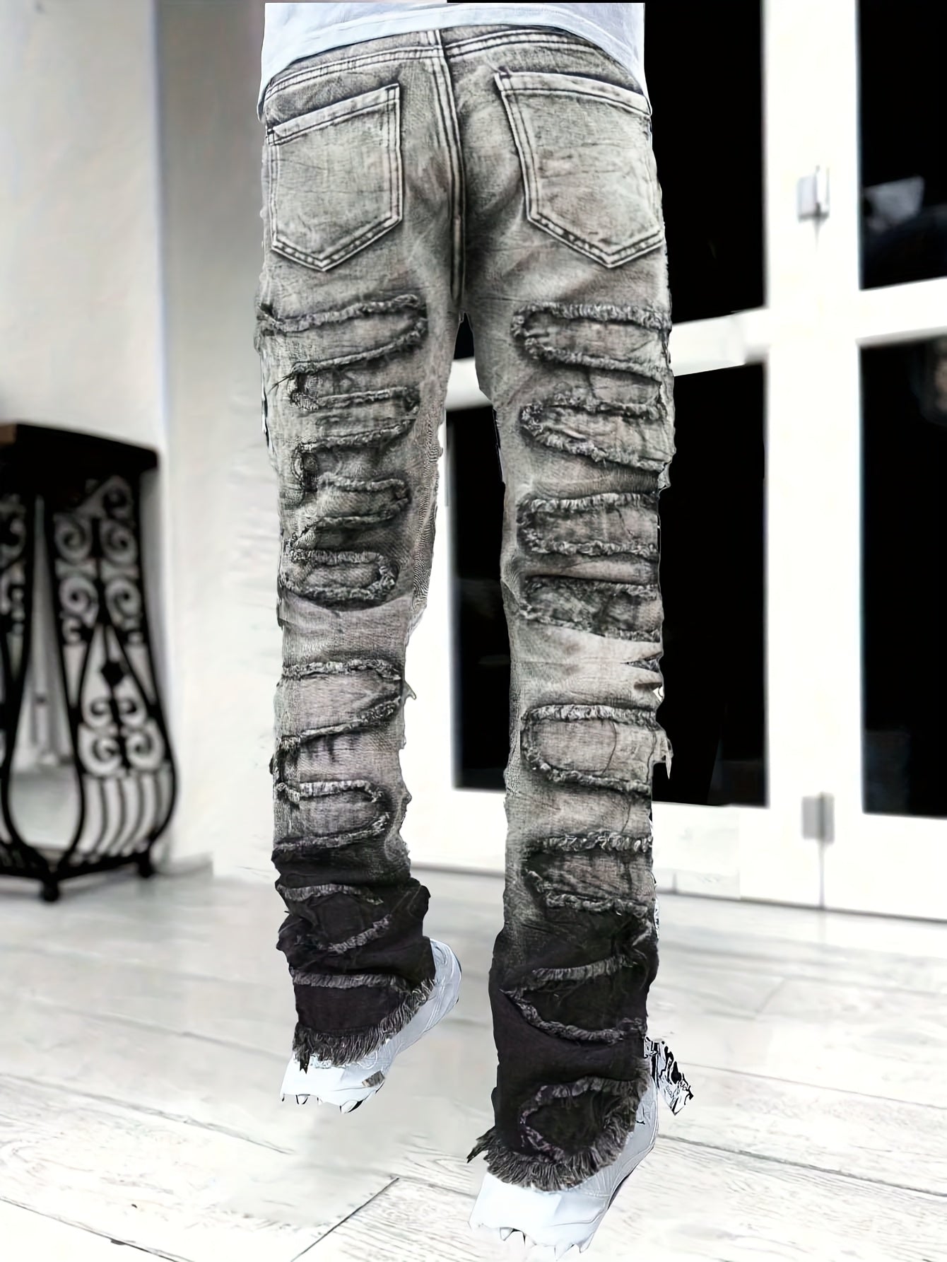 Men'S Fashion Trend Retro Washed Gradient Patch Versatile Straight Leg Jeans