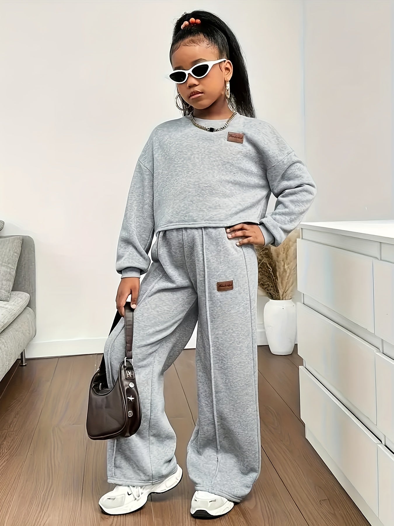 [Oversized] Girls' 2pcs Long Sleeve T-Shirt & Pants Set - Oversized Casual Outfit with Letter Print, Elastic Waist Pants, Round Neck Blouse, Machine Washable Spring/Fall Clothes for, Playdates & Casual Attire ( to), Perfect f