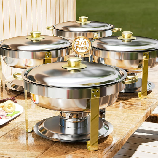 6QT Chafing Dishes For Buffet, Round Chafing Dish Buffet Set, High Grade Stainless Steel Buffet Food Warmers Sets For Catering Events Parties Dinners With Complete Set, Golden And Silver, Only For Cooking
