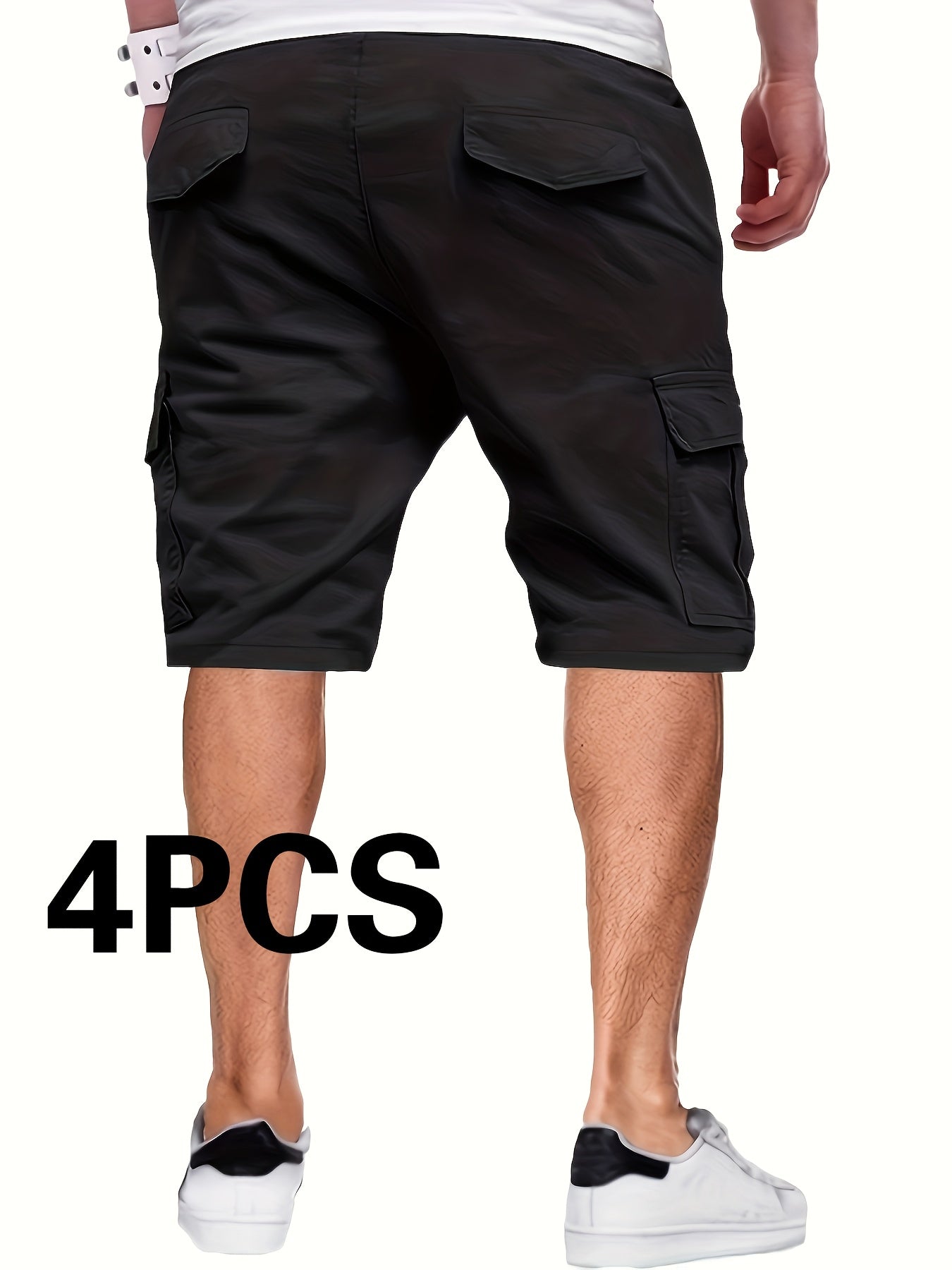 [Solid Color Cargo Shorts] 4-Pack Men's Casual Cargo Shorts - Solid Color, 100% Polyester, Non-Stretch Woven Fabric, Loose Fit, 135g/m², Summer Fashion