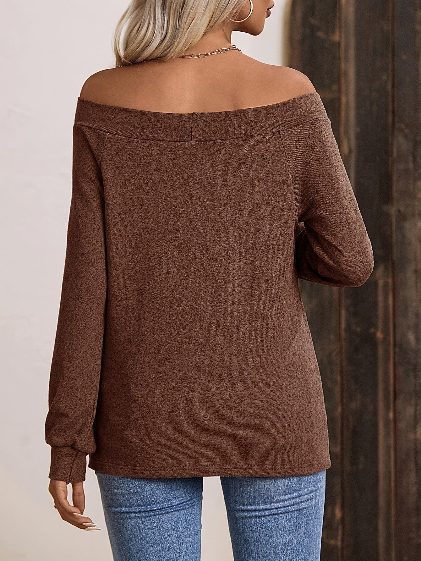 LUNE Women's Elegant Off-Shoulder Brown T-Shirt - Long Sleeve Ruched Detail Top, 100% Polyester, Medium Stretch, Solid Color Chic Blouse for Spring & Fall
