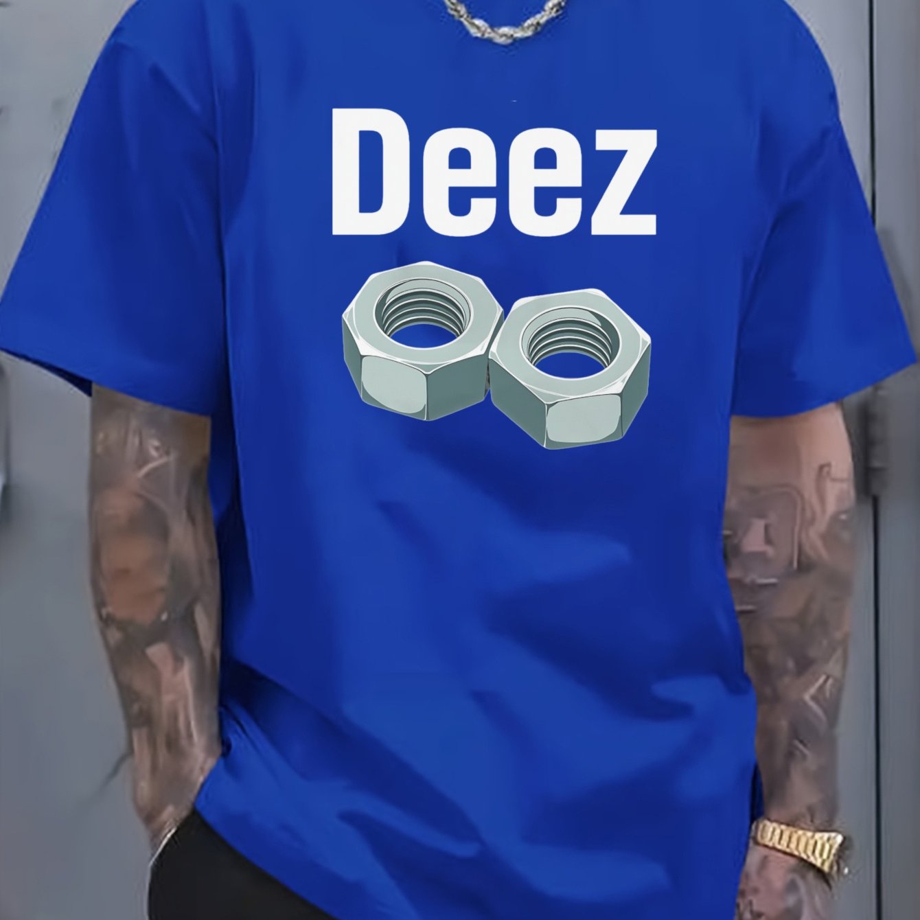 Men's Casual Loose Fit Round Neck T-Shirt - White Tee with Bold "Deez" Text & Nut Graphics, Machine Washable Streetwear Top for Everyday Comfort