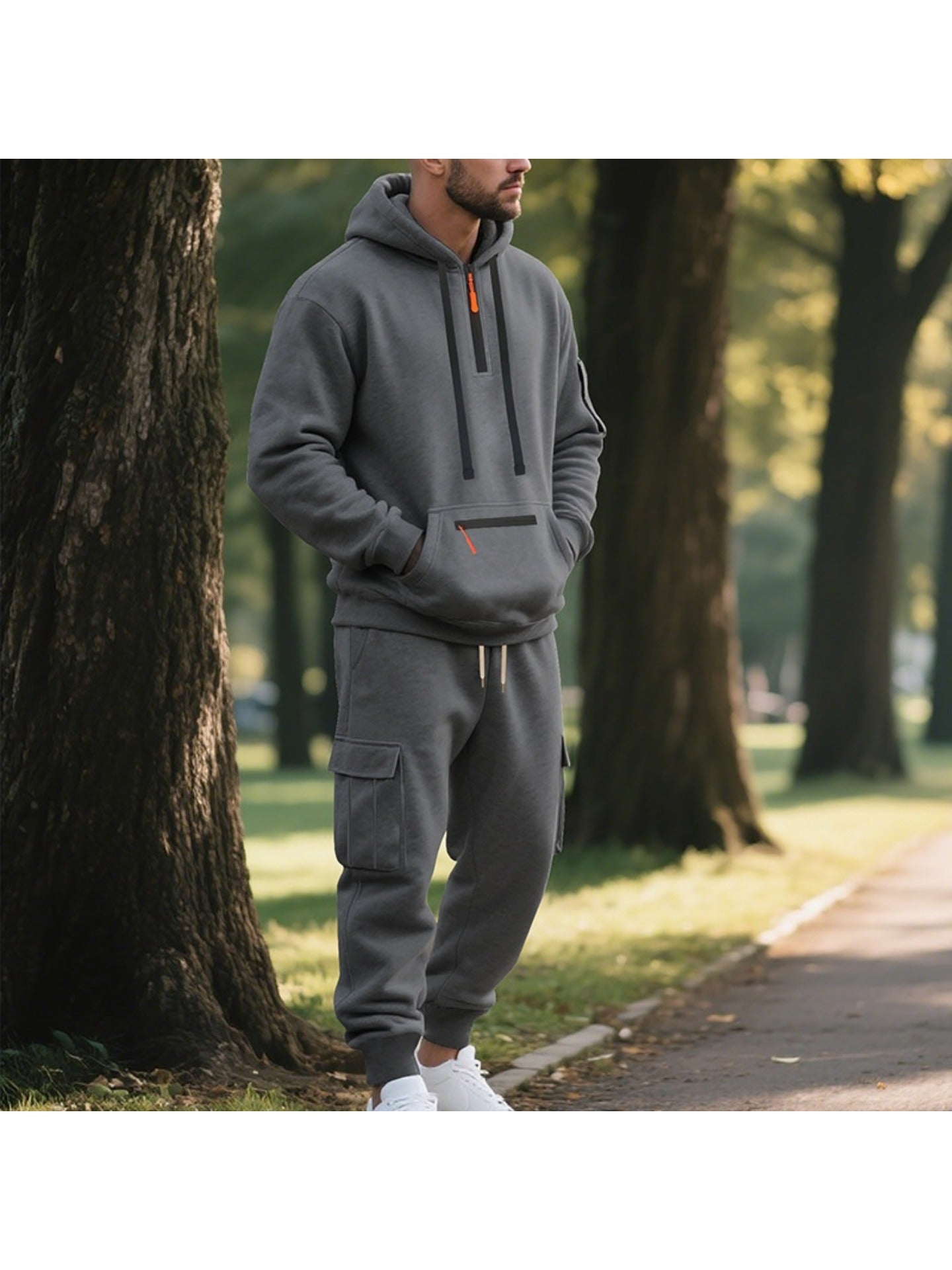 1 Set 2pcs Men's Athletic Casual Tracksuit - Fleece Lined Hooded Long Sleeve Pullover Sweatshirt & Pocketed Sports Pants, Warm Fleece Lining with Breathable Fabric, Perfect for Daily Wear, Outdoor Activities, Home Leisure - M