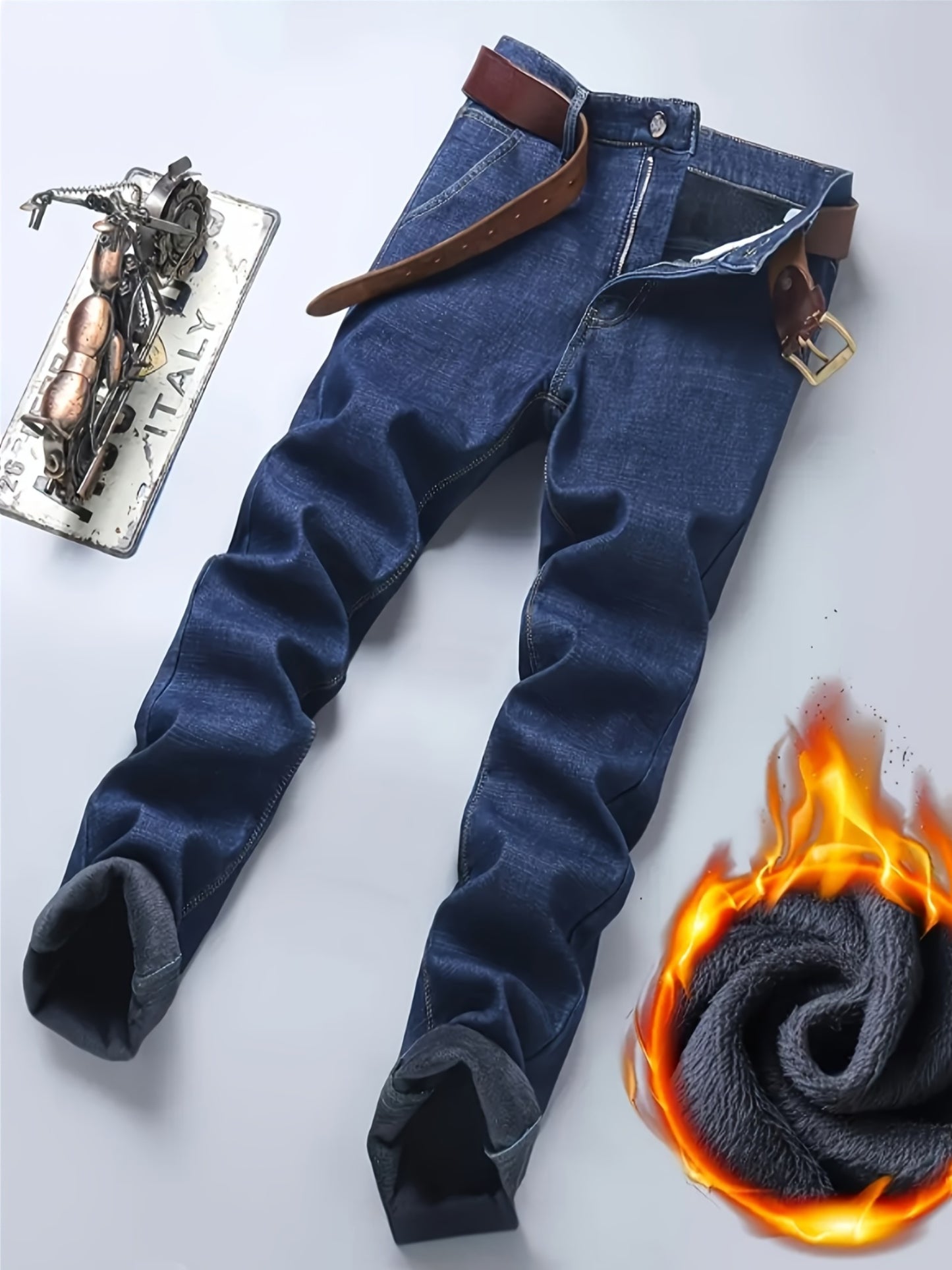 HME Men's Thermal Insulated Fleece-Like Faux Denim - Heavy-Duty Winter Pants with YKK Zipper Closure, Mid-Rise Straight-Leg Fit, Windproof & Cold-Resistant Faux Denim Trousers for Business Casual & Casual Attire, Classic Blue