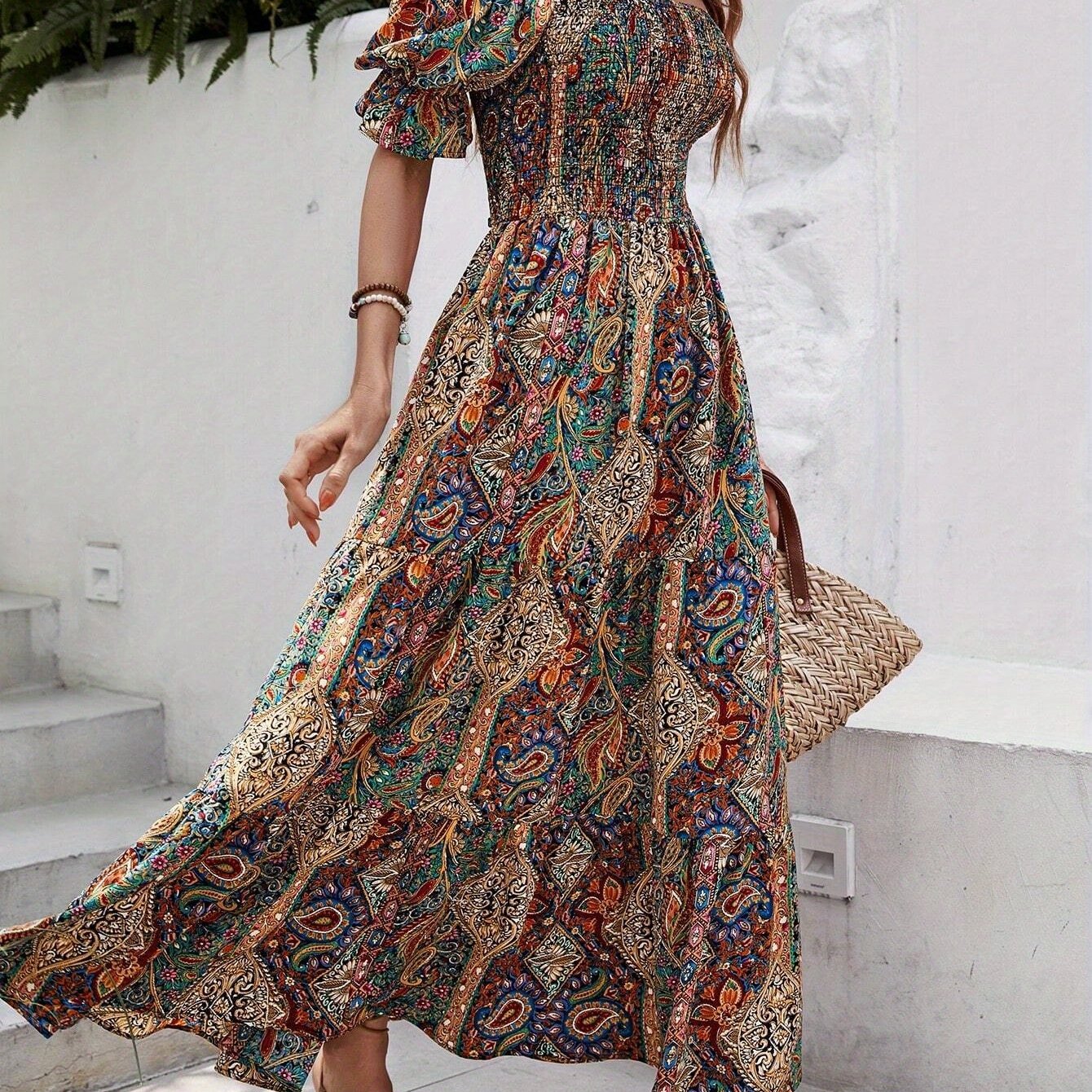 Women'S Boho Off-Shoulder Beach Outfits Floral Print Maxi Dress