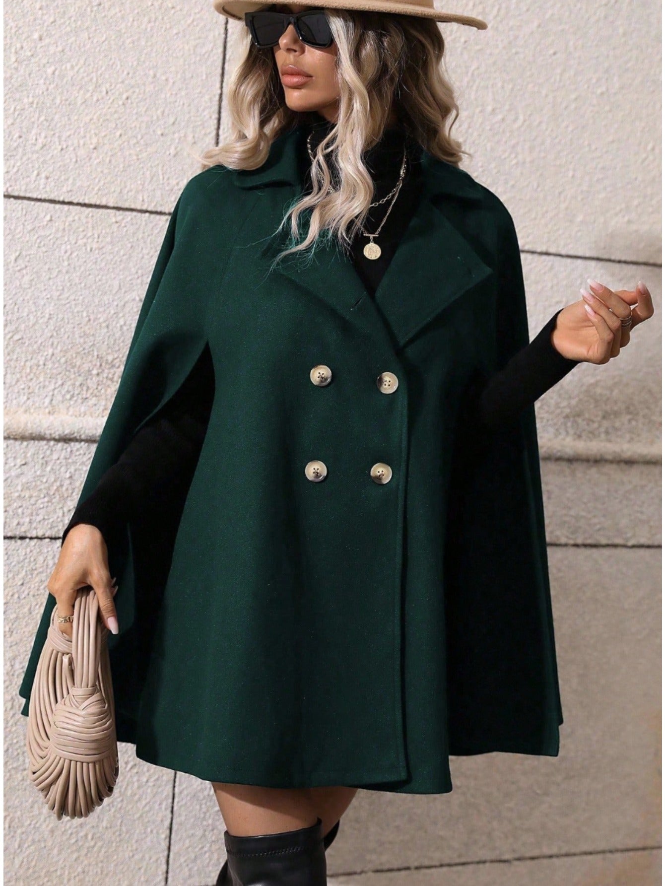 's Dark Green Double Breasted Cape Coat - Vintage Elegant Collar Winter Coat with Golden-Tone Buttons, Single-Breasted Outer Layer & Inner Wear Potential, Hand Washable Non-Stretch Jacket for Autumn/Winter (Office, Parties, C