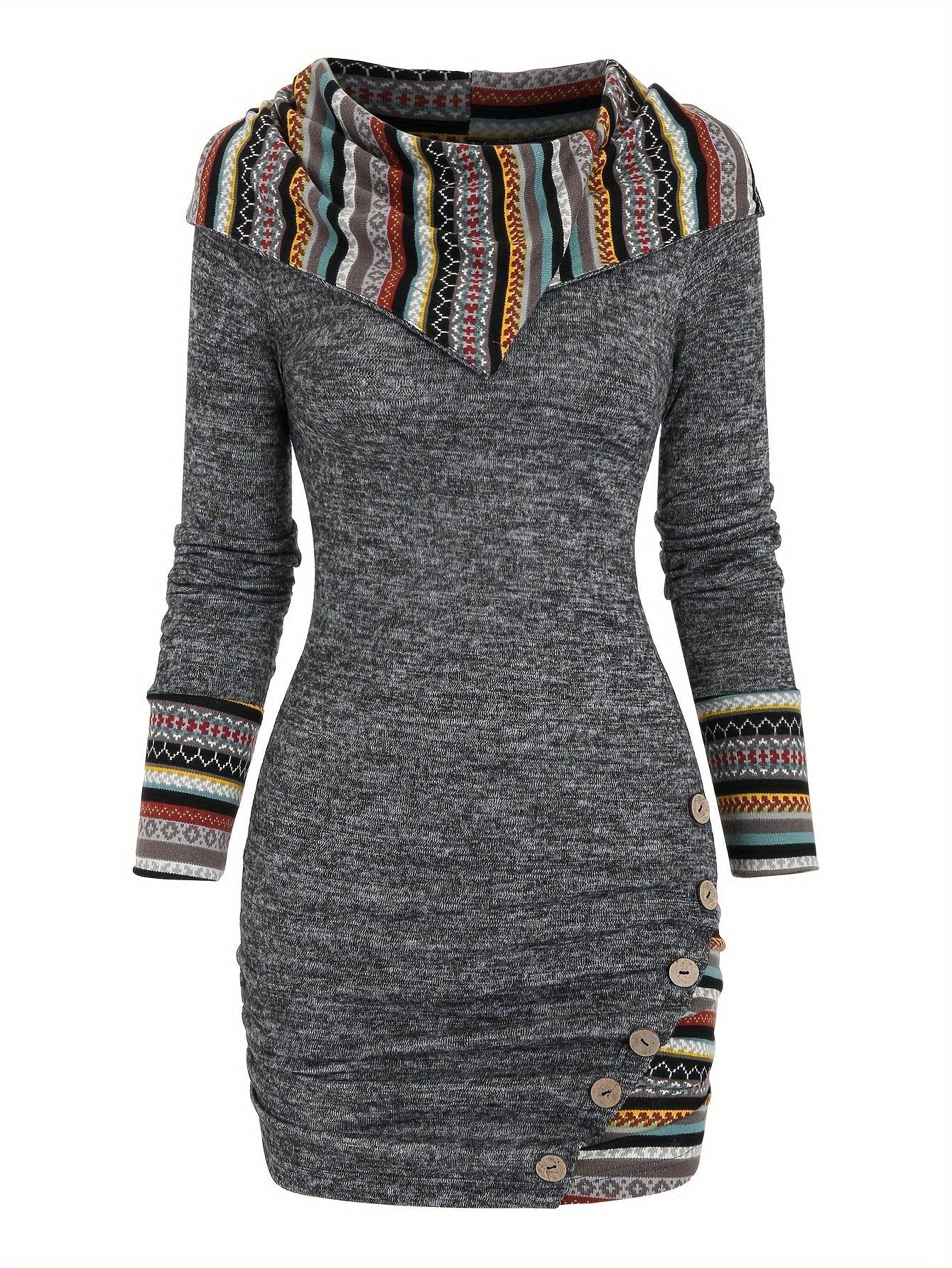[Tribal Hooded Dress] Polyester Women's Tribal Geometric Stripe Patchwork Hooded Knit Dress | Long Sleeve Bodycon, Casual Style, 95% Polyester 5% Spandex, All Season, 240g/m² Knit Fabric, with Fake Buttons Detail