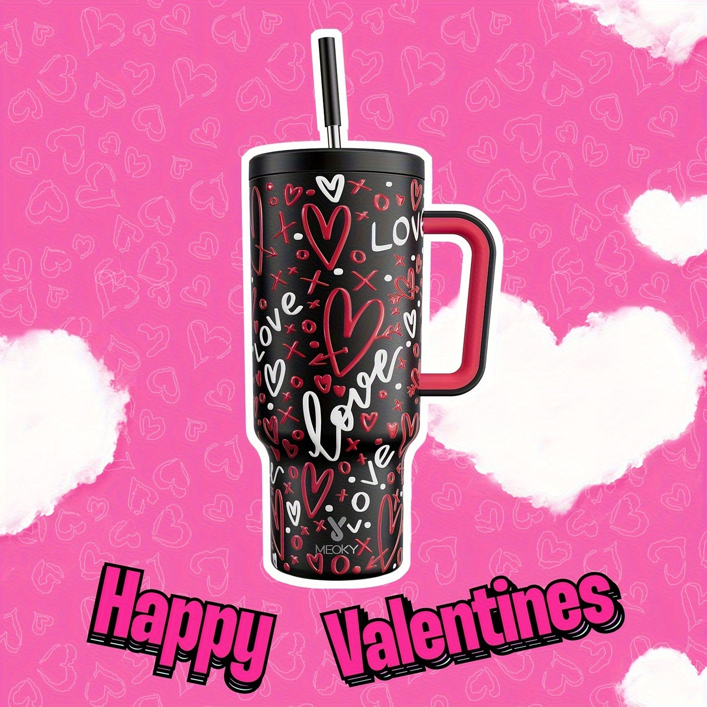 Meoky 40oz Insulated Stainless Steel Tumbler with Lid & Straw - Leakproof, BPA-Free, Perfect for Outdoor Adventures & Valentine's Day Gift