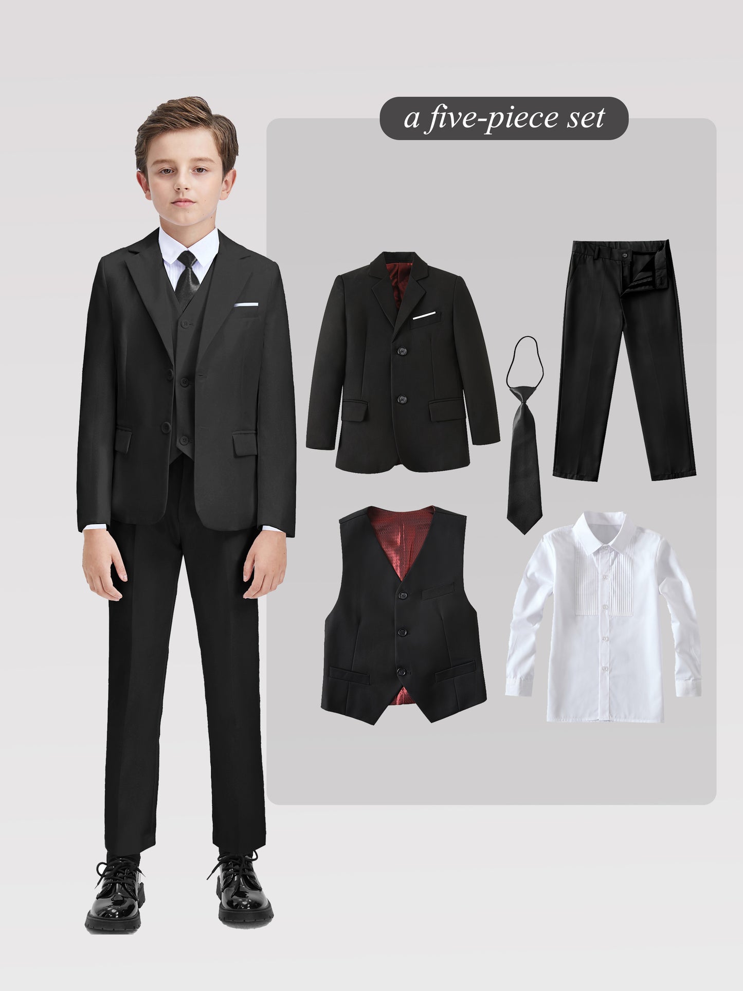 Back to School Season Boy's Formal Suit Set Slim Fit Blazer & Shirt & Pants & Vest & Tie 5pcs Set for Wedding Ring Bearer Birthday Party Speech Prom Dress Youngsters Tuexdo Outfits Black Wine Red Dark Gray, Ring Bearer Attire