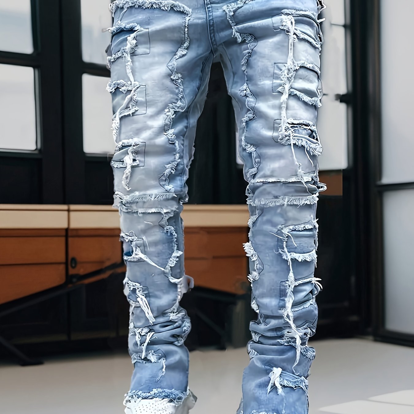 Men's Stretch Skinny Jeans - Slim-Fit Distressed Frayed Hem Pants, Mid-Rise Waist & Tapered Cuff, Non-See-Through All-Season Jeans for Everyday & Formal Outfits - Machine Washable Denim-Like Pants, Formal Outfit Jeans, Casual