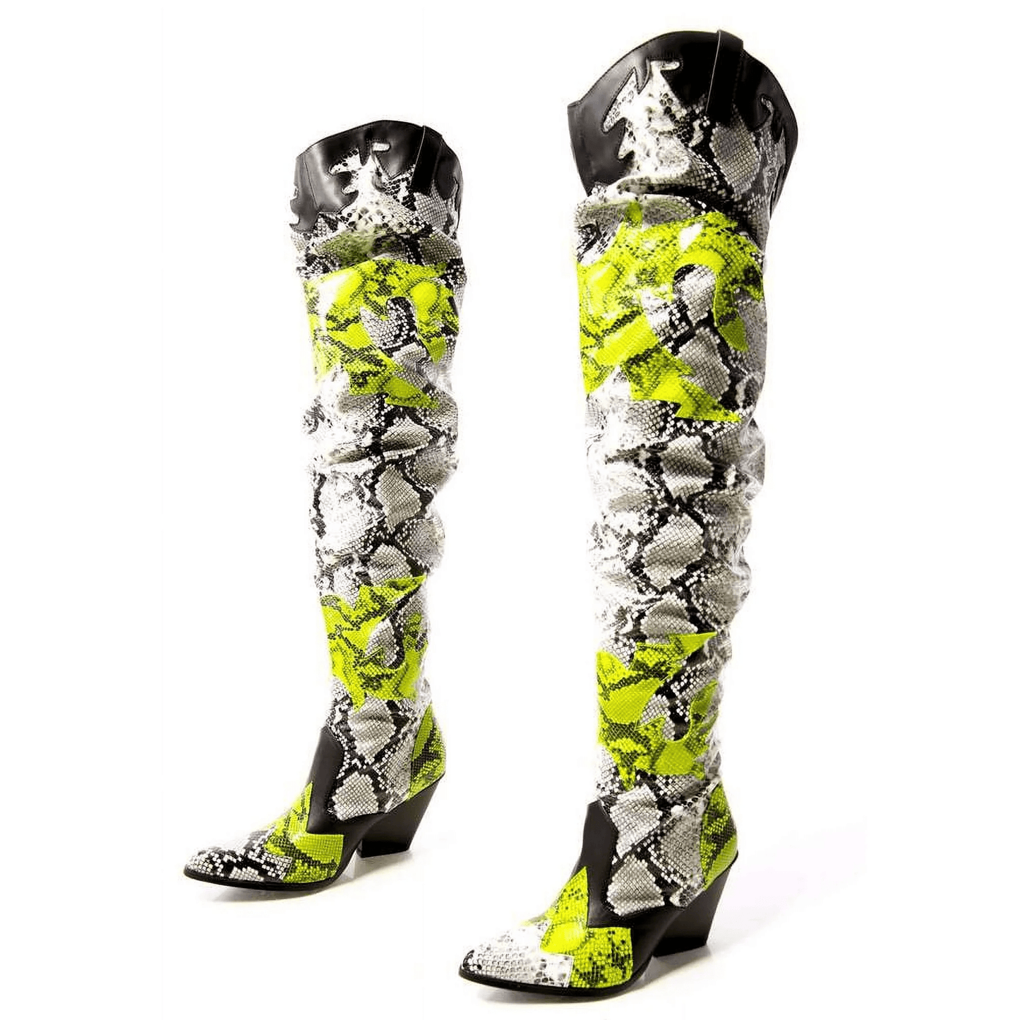 HILDA Colorful Snakeskin Over-the-Knee Boots – Chunky Low Heel Western Style