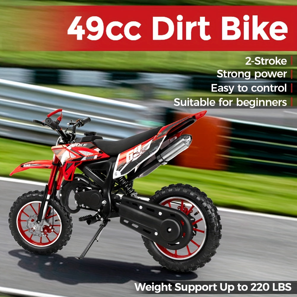 1pc Red 49cc 2-Stroke Dirt Bike for Adults, Metal Off-Road Motorcycle with Soft Seat, Shock Absorber, Front & Rear Disc Brakes, Fuel-Powered, Max Speed 20MPH, Toolkit Included