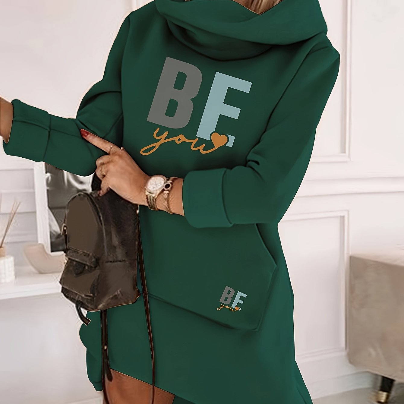 [Motivational Hoodie Dress] Royal Blue Women's Hoodie Dress | BE YOU Motivational Text, Hooded Pullover, Machine Washable, Geometric Pattern, Comfortable Fit, Lounge Wear, Trendy Fashion, Easy Care Fabric