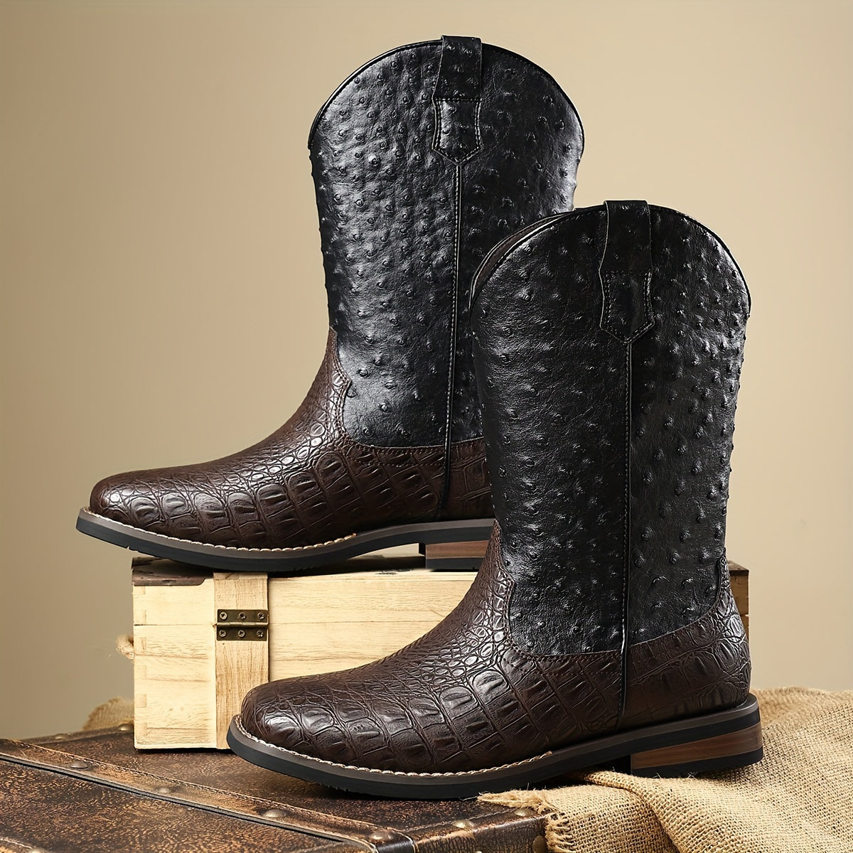 [All-Season Solid Color Cowboy Boots] Men's Casual Western Boots with Ostrich-Quill Print PU Upper, Fabric Lining, Rubber Sole, Slip-On Closure, Pointed Toe - All-Season Solid Color Daily Wear Cowboy Boots