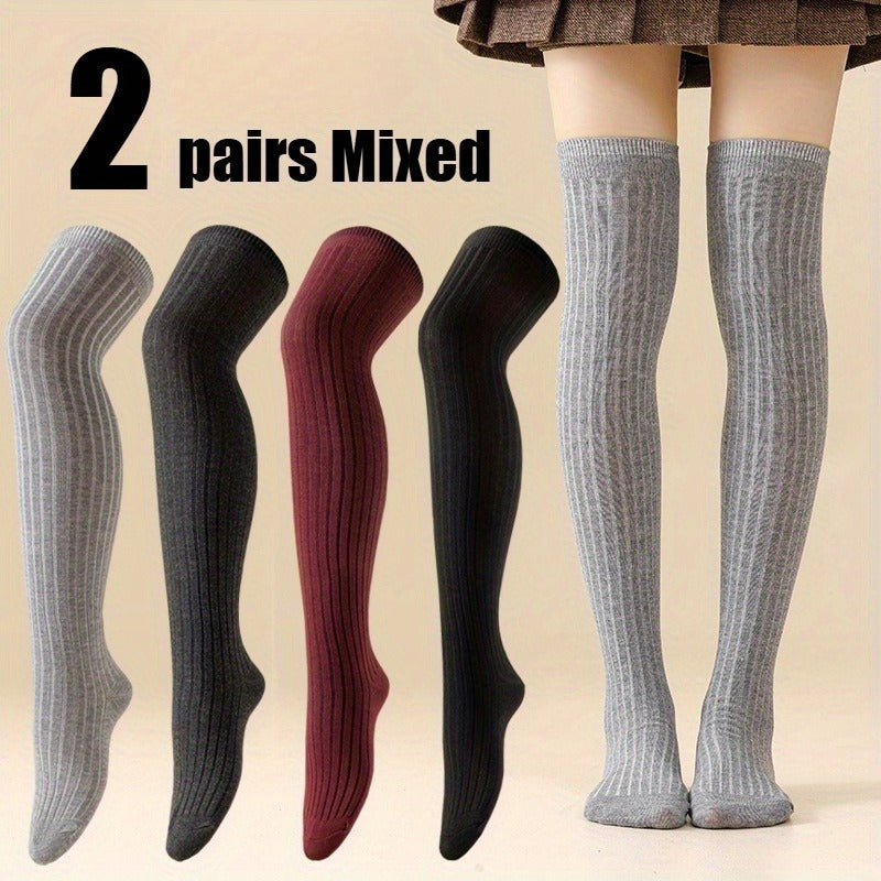 [Japanese Knee Socks] 2/4 Pairs Women'S Japanese Style Over Knee Socks - Solid Color Drawstring, Ribbed Texture, Perfect for Outdoor, Christmas, and Holiday Gifts, Festive Gift Socks | Ribbed Texture Socks | Socks, Cute Socks