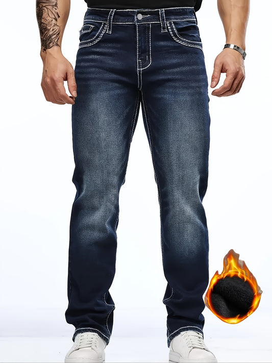 HME Men's Heavy-Duty Winter Jeans - Thickened Fleece-Lined Insulated Denim Pants with Heavy Wash & Natural Aging, Mid-Waist Stretch Slim-Fit Straight Leg, Machine Washable Casual Winter Pants for Cold Weather (Blue/Dark Brown