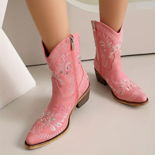 Women'S Cowboy Ankle Boots Western Booties With Sparkly Rhinestone Low Heel