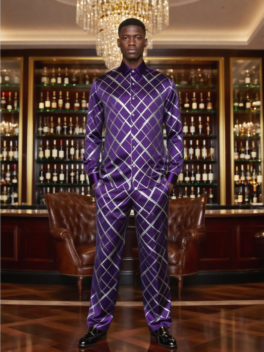 2pcs Men's Luxury Navy Blue & Golden Checkered Suit Set - Elegant Long Sleeve Tailored Jacket & Matching Pants, All-Season Formal & Semi-Formal Attire for Weddings, Parties, Business Events - Machine Washable, Comfortable