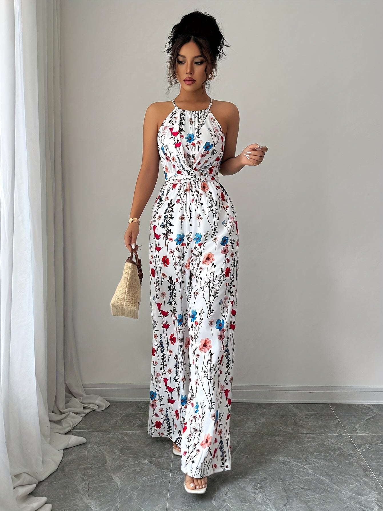 Green Women's Geometric Print Sleeveless Jumpsuit with Tie Waist and Wide Legs in White - Perfect for Night Outs, Parties, and Casual Attire, Casual Attire|Modern Casualwear|Strapless Jumpsuit