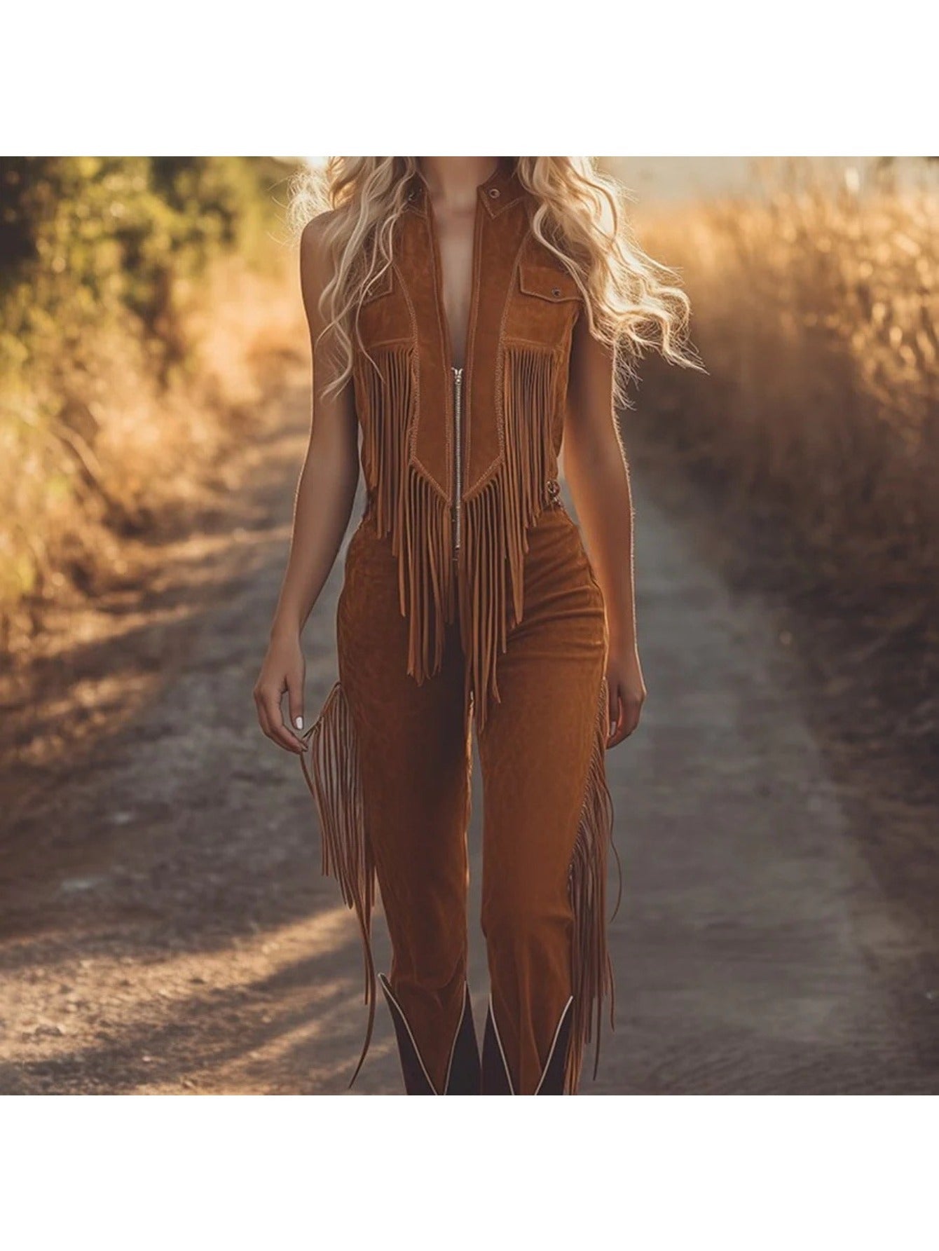 Women's 2025 Retro Western Fringe Brown Denim Vest Jumpsuit - All-Season Casual Overalls with Fringe Trim, Pockets & Belt, Machine Washable Solid Brown Cowboy Outfit for Themed Events, Casual Attire & Western Parties, Non-Str