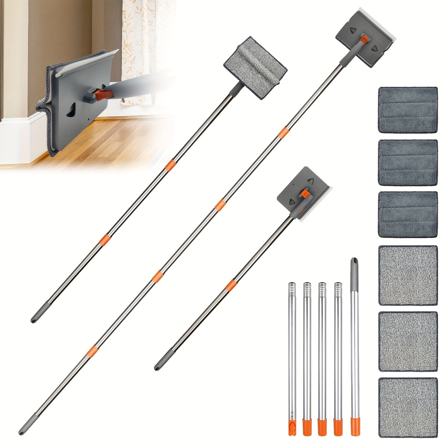 Long Handle Skirting Board Cleaning Tool with 6 Reusable Mop Pads & Accessories – Efficient Wall, Floor, Ceiling, and Tile Cleaner for Bedroom, Bathroom, Kitchen, Living Room, and More, Ergonomic Design | Durable Plastic Ha