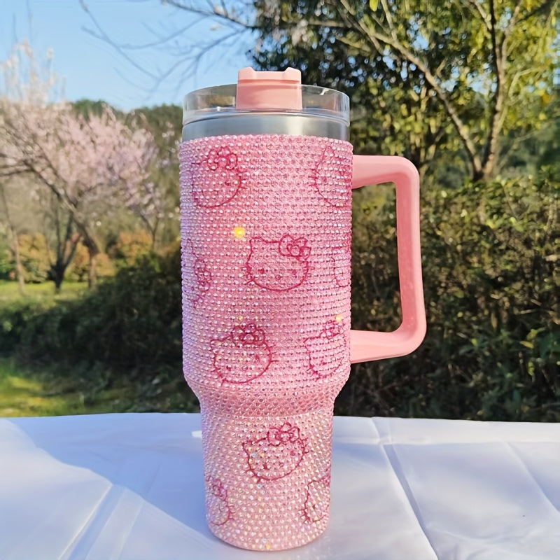 1pc Hello Kitty 40oz Stainless Steel Insulated Water Bottle with Rhinestone Tumbler Lid, Cute Pink Kitty Cat Handle & Straw - BPA-Free Thermos for,, Women, Birthday/Christmas/Valentine's Gift, Hot/Cold Drink Thermos, Drink Bo
