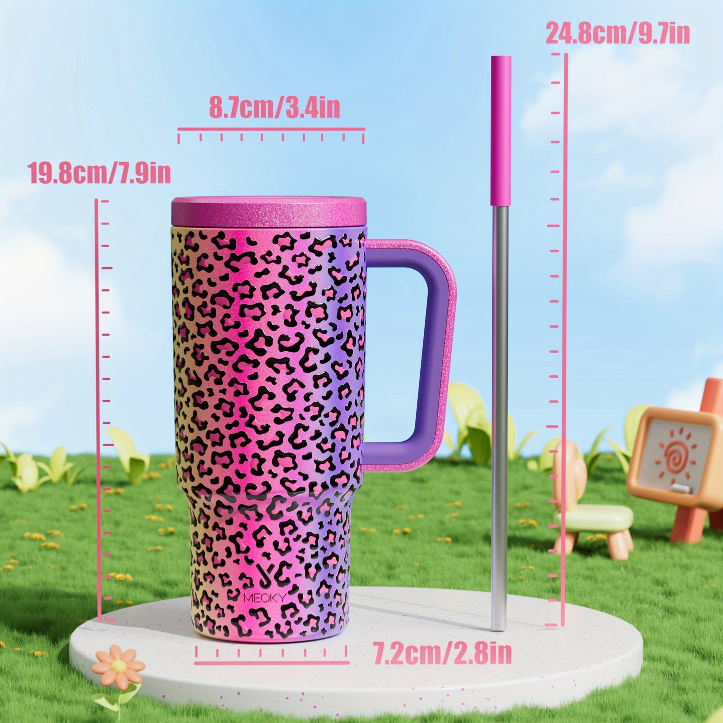 Meoky 24oz Stainless Steel Insulated Tumbler with Lid, Straw & Handle - Leakproof, BPA-Free, Ideal for Outdoor Adventures, Camping, Hiking & Travel - Keeps Drinks Cold for 24 Hours or Hot for 8, Gift Drinking Cups