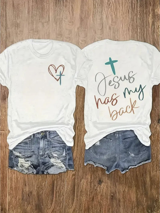 Women's Christian Faith T-Shirt - Double-Sided "Jesus Has My Back" & Heart Design - Heavyweight 220gsm Cotton Religious Tee - Slim Fit Church, Everyday Casual Outfit - Smooth Texture All-Season Apparel - Machine Washable Gift